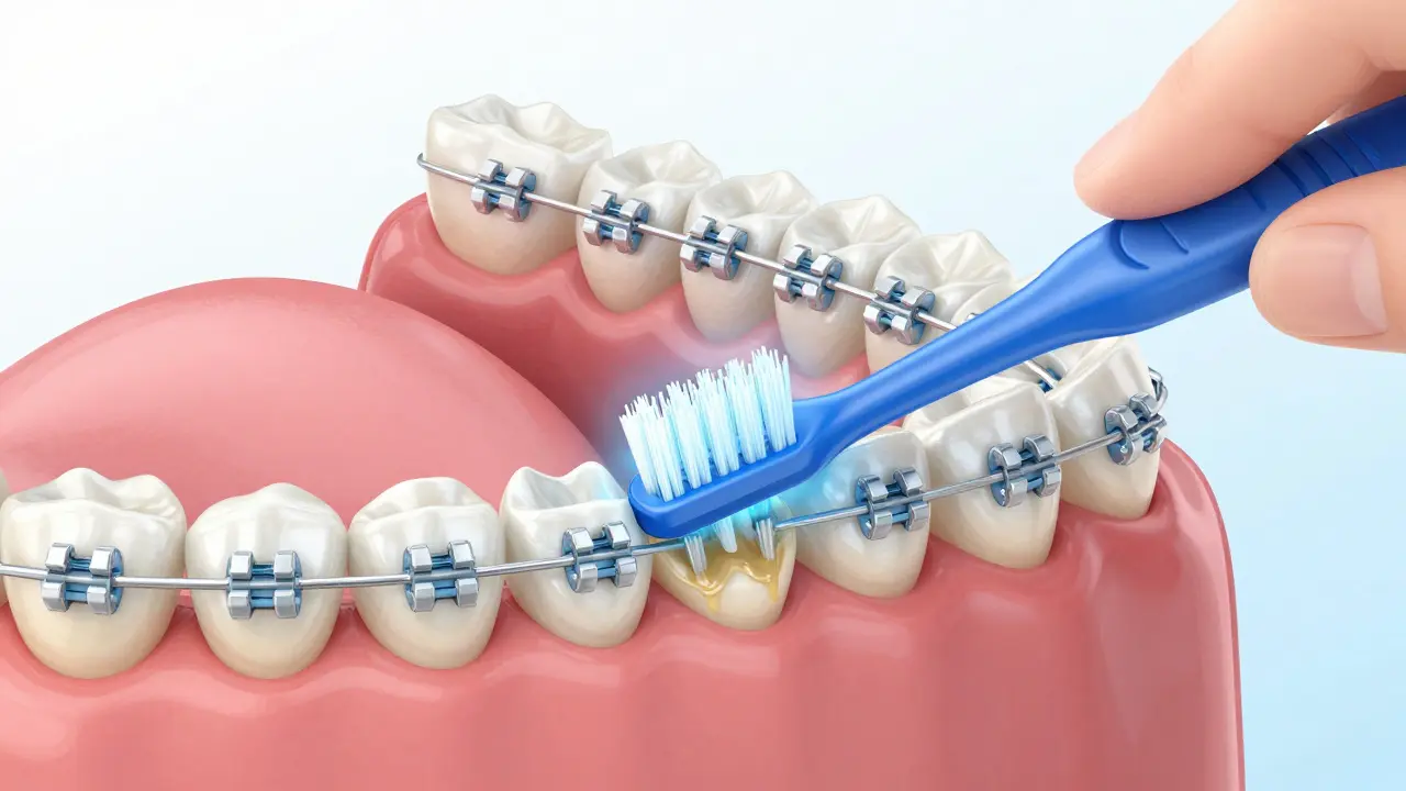 Ruka s mezi zubním kartáčkem čistící kolem rovnátek