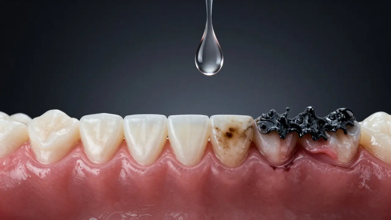 Srovnání zdravých zubů a zubů s černým kamenem