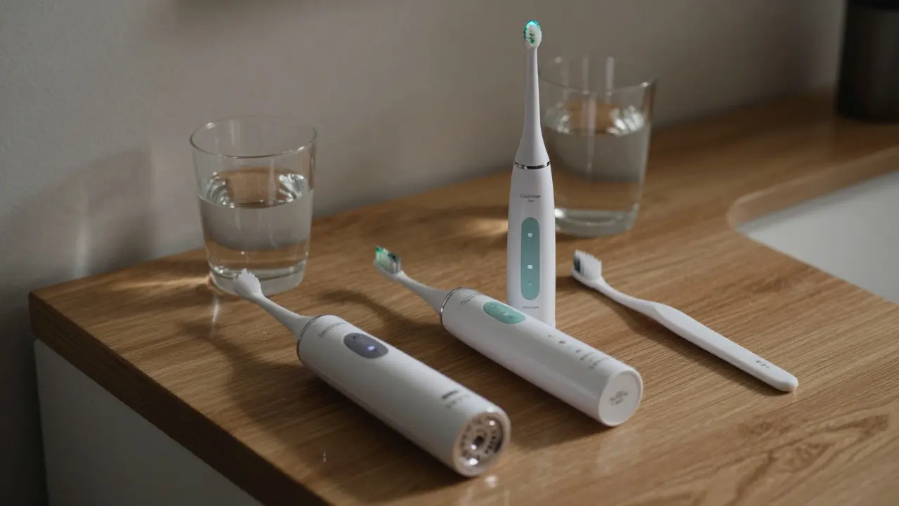 Tři modely ultrazvukových čističů zubů na stole vedle sklenice vody a zubního kartáčku.