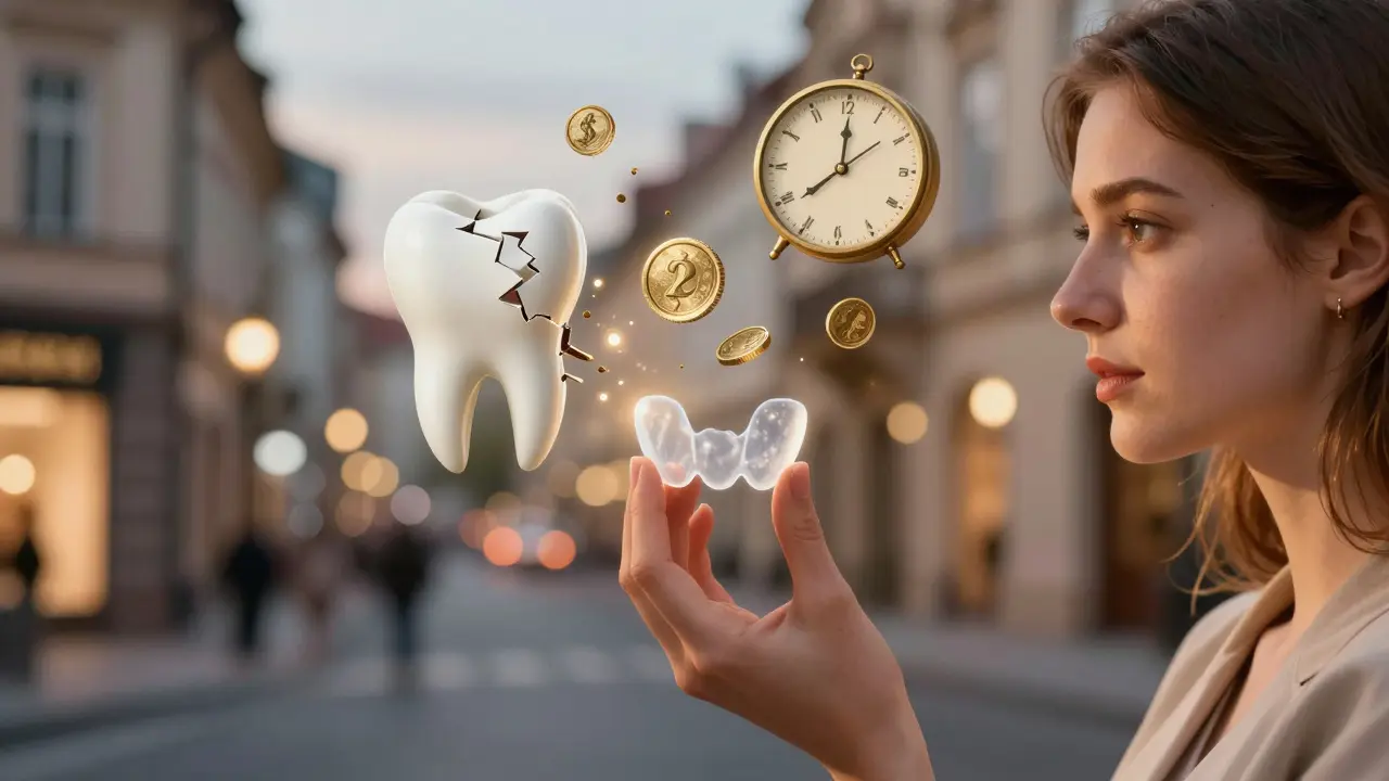 Žena drží keramickou fazetu, kolem ní plavají symboly financování — splátky, pojištění, čas — s teplými zlatými odstíny jako příznak změny.