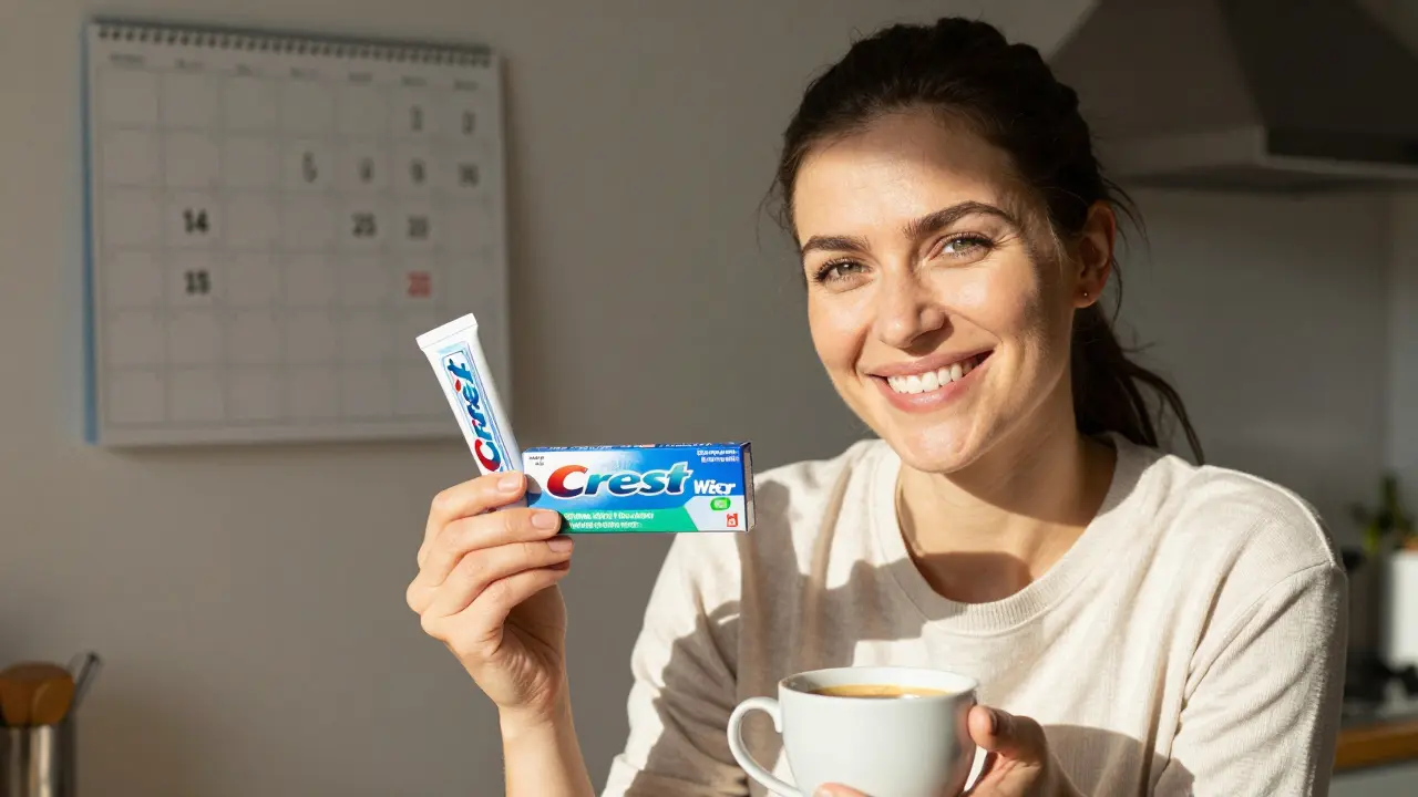 Žena v kuchyni se směje, drží bělicí pásky a kávu, její zuby jsou bělejší.