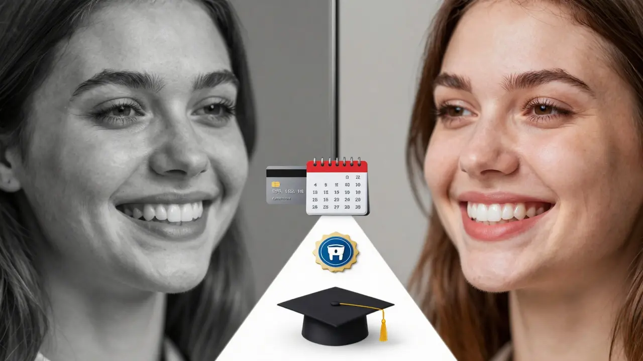 Zrcadlo odrazí dvě verze ženy: jednu s tlumeným úsměvem a druhou s jasným, bílým úsměvem, mezi nimi cesta financovacích možností.