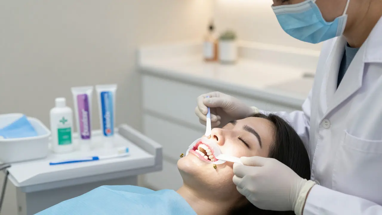 Zubař aplikuje jemné bělicí proužky na zuby pacienta v ordinaci.