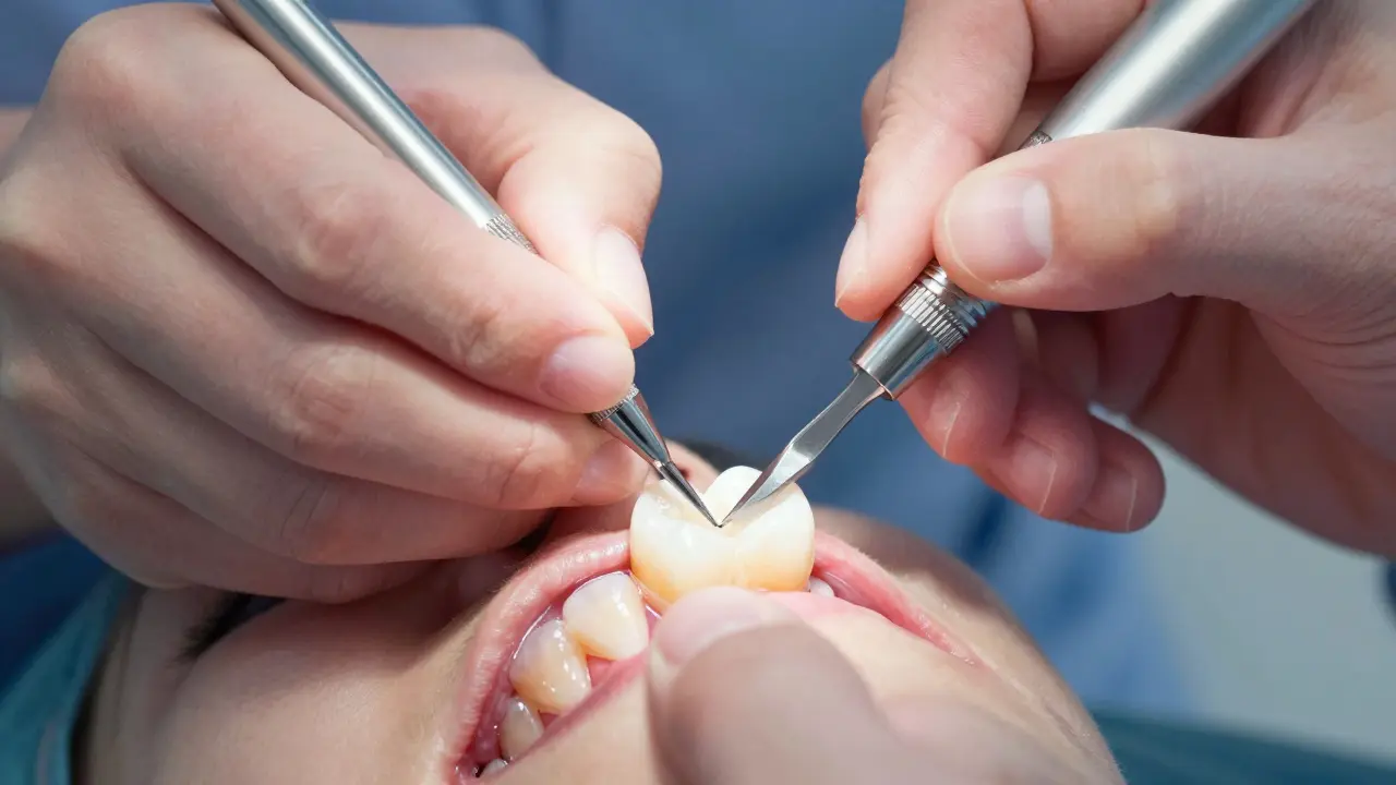 Zubní lékař aplikuje kompozitní výplň na zub v klinice