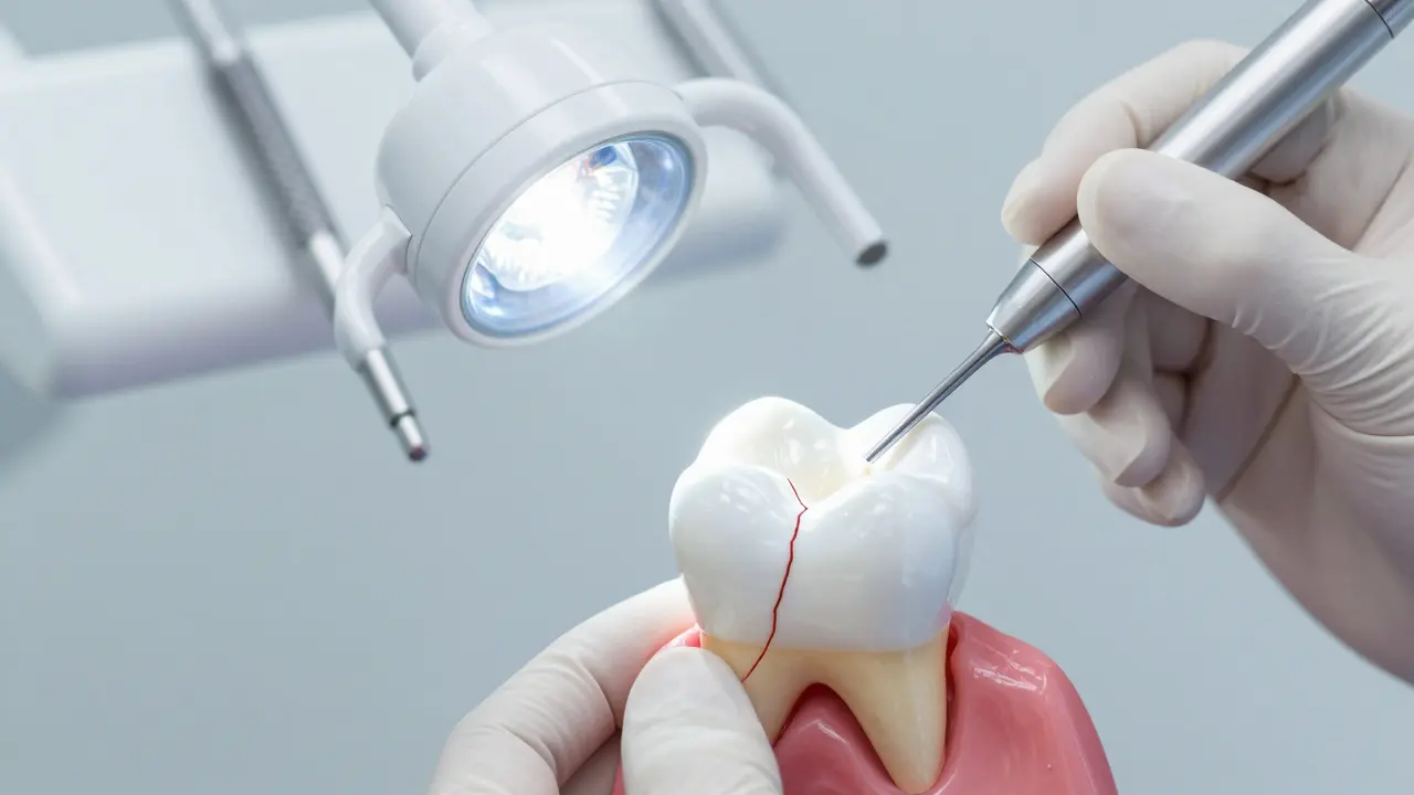 Zubní lékař prosvítá trhlinu v zubu speciálním světlem