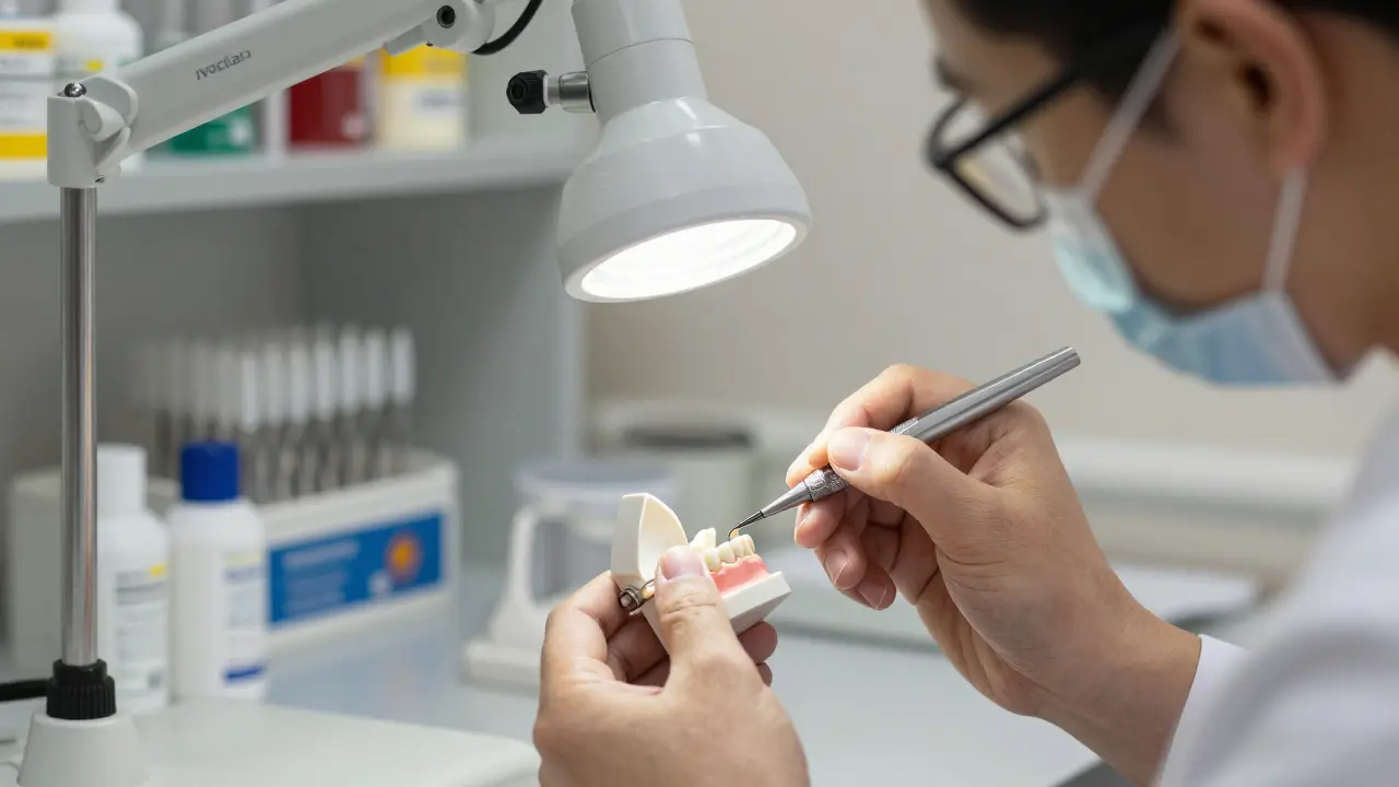 Zubní technik přesně tvaruje keramickou fazetu v laboratoři pod lampa.