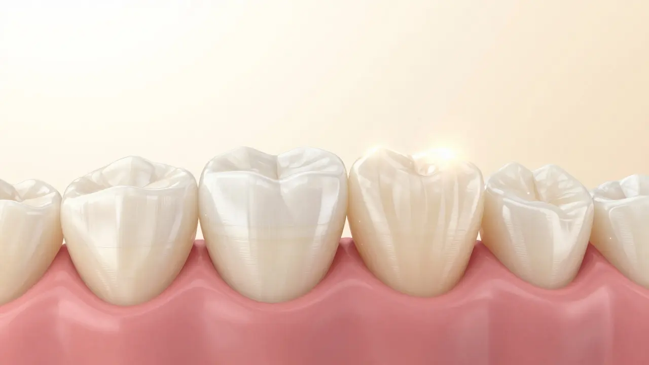 Zvětšený pohled na přirozeně vypadající veneery spojené s původním zubem.