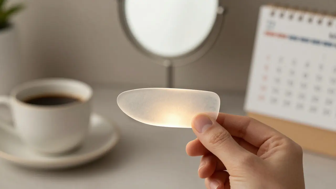 A ceramic veneer held in hand with symbols of confidence and longevity around it.