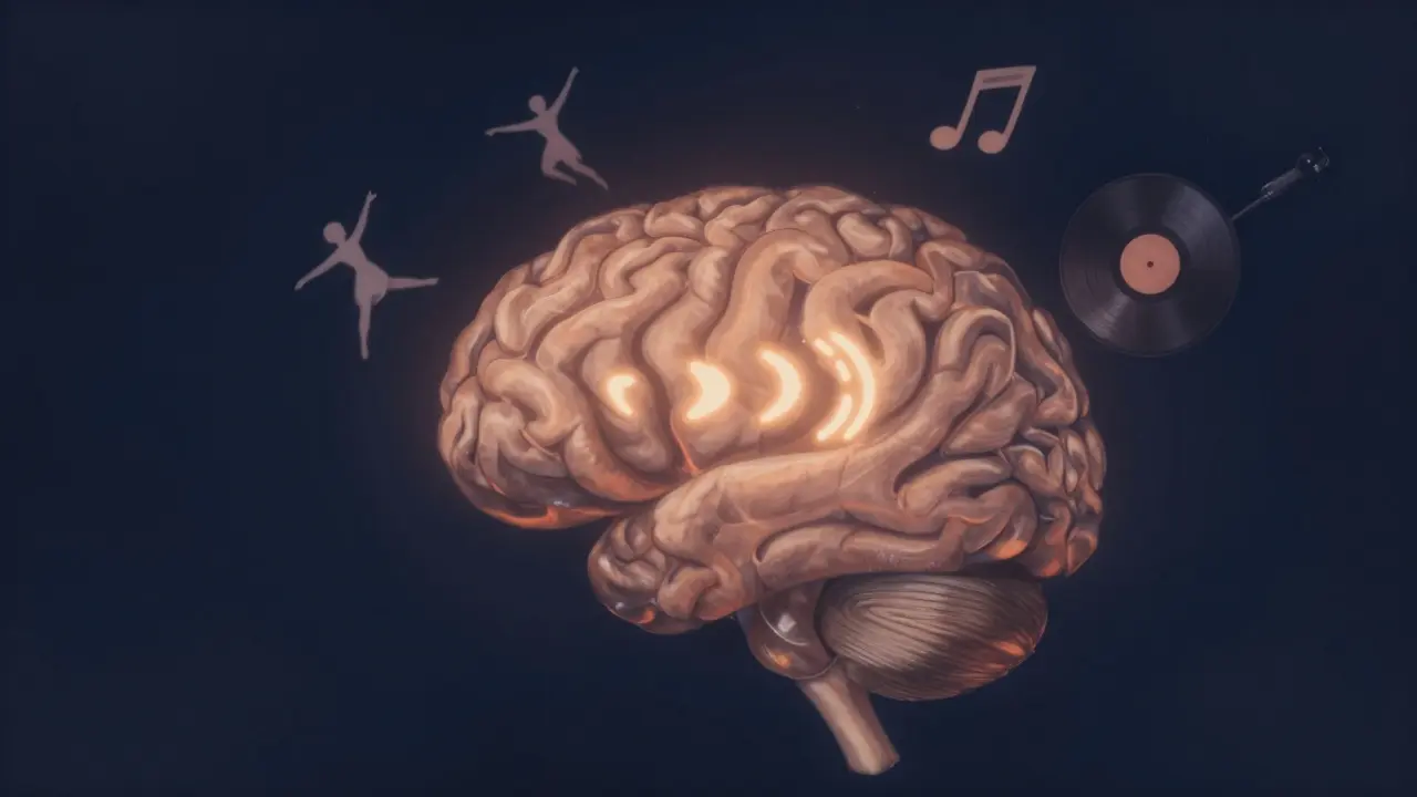 Abstraktní mozek s bledou myšlenkovou smyčkou, kolem něj se vznášejí symboly pohybu, hudby a umění.