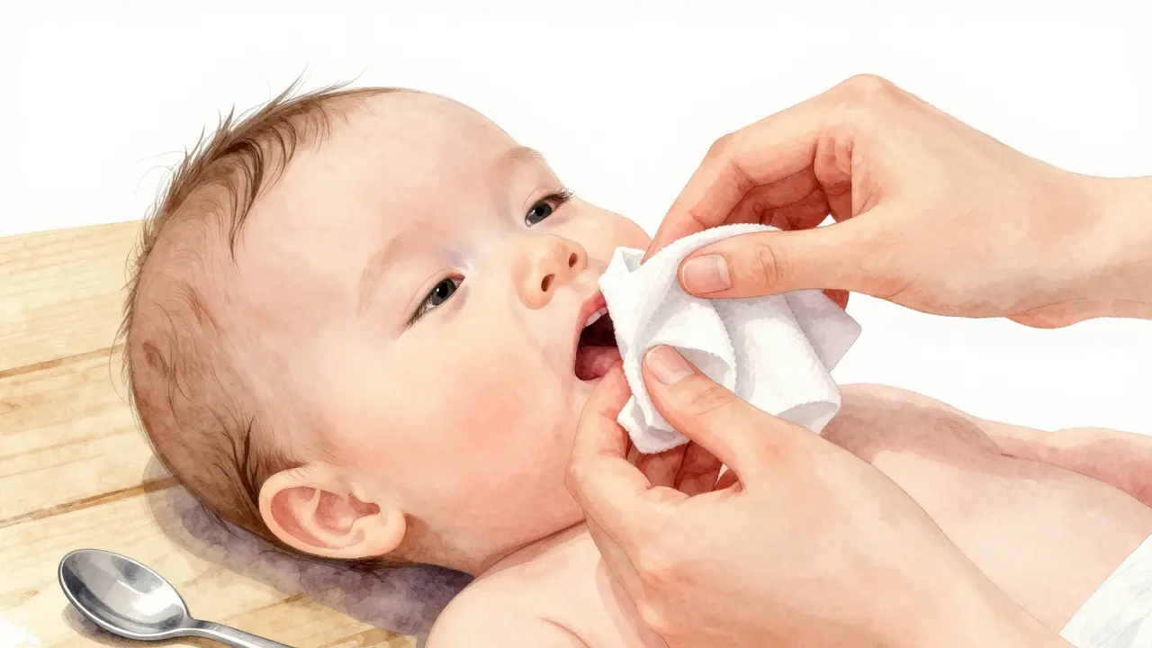 Čištění dásní kojence vlhkým ubrouskem za světla.