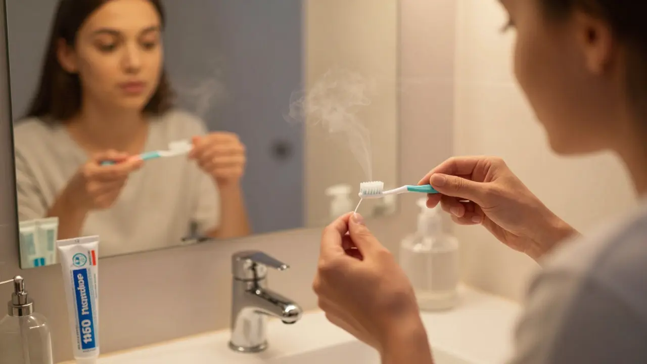 Člověk čistí mezizuby večer pomocí nitě a kartáčku