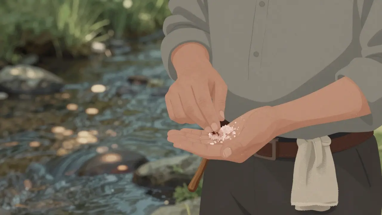 Člověk jemně masíruje dásně solí na prstu u potoka v české přírodě.