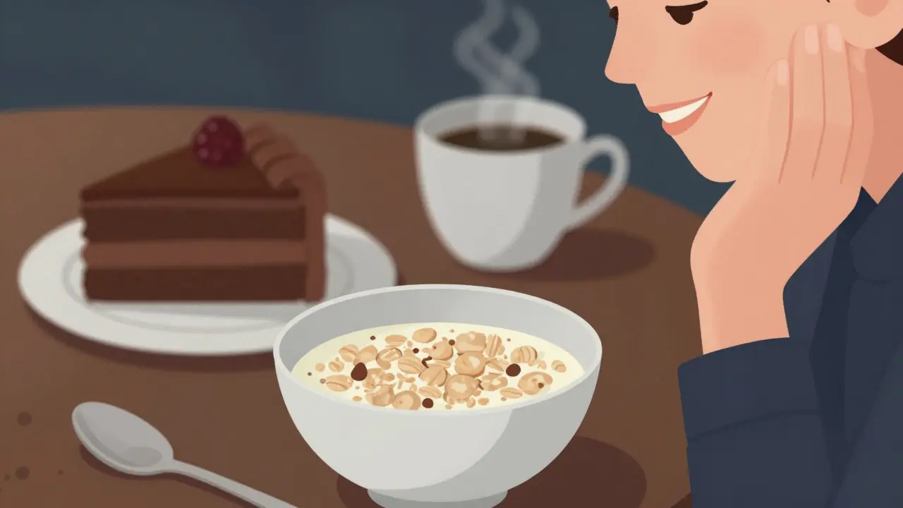 Člověk jí měkké jídlo po augmentaci, zatímco horké pokrmy jsou v pozadí zakázané.