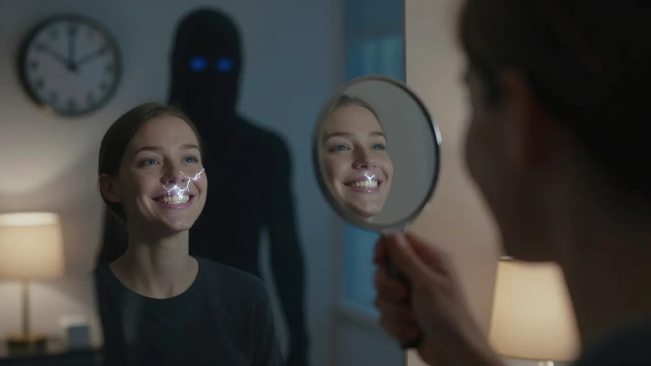 Člověk vidí v zrcadle skryté praskliny na zubech, zatímco nečinnost hrozí ztrátou zubu