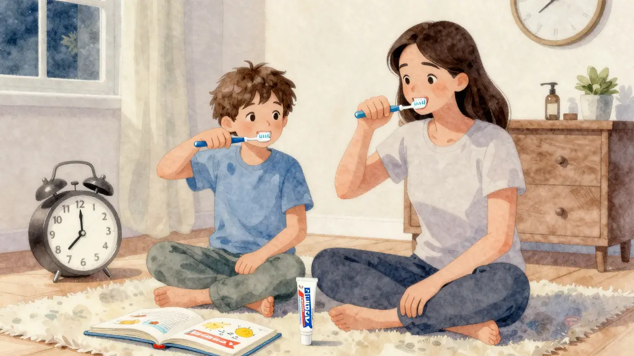 Dítě a matka společně čistí zuby večer, připravují se na noční aplikaci gelee.