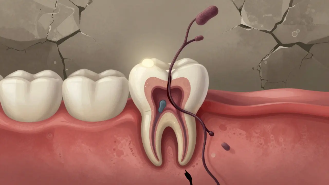 Hluboká trhlina v zubu, kde bakterie pronikají do dřeně