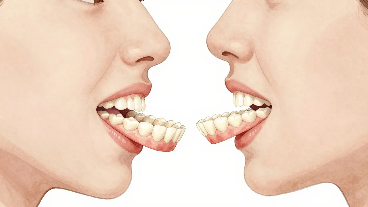 Ilustrace správného a špatného způsobu kousání s celou zubní náhradou.