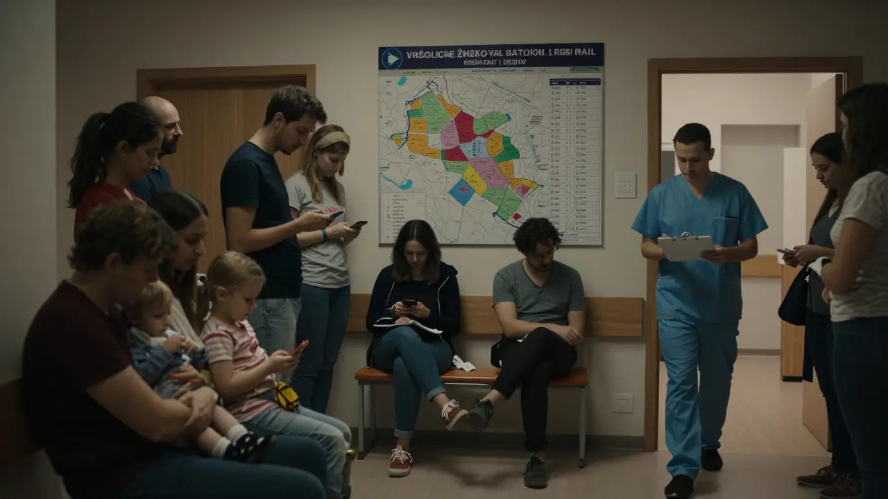 Lidé čekají v halě zubní pohotovosti v Praze, na stěně je mapa s reálnými čekacími dobami.