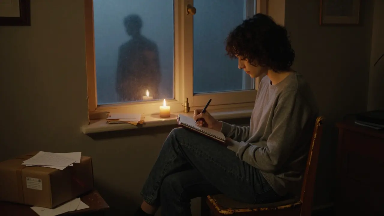 Osoba píše v tiché místnosti večer, stín postavy postupně mizí v mlze za oknem.