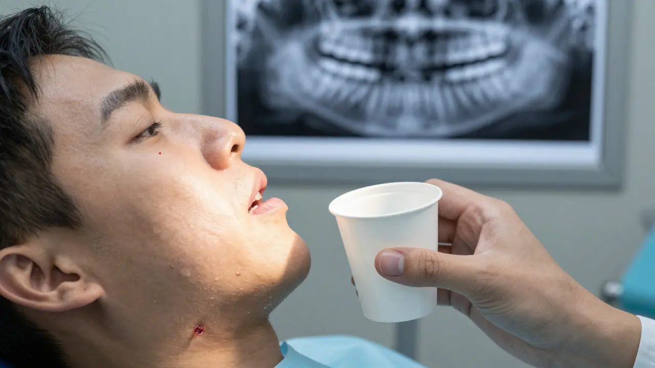 Osoba s oteklostí obličeje a hnisem na dásni, v pozadí rentgenový snímek zubu.