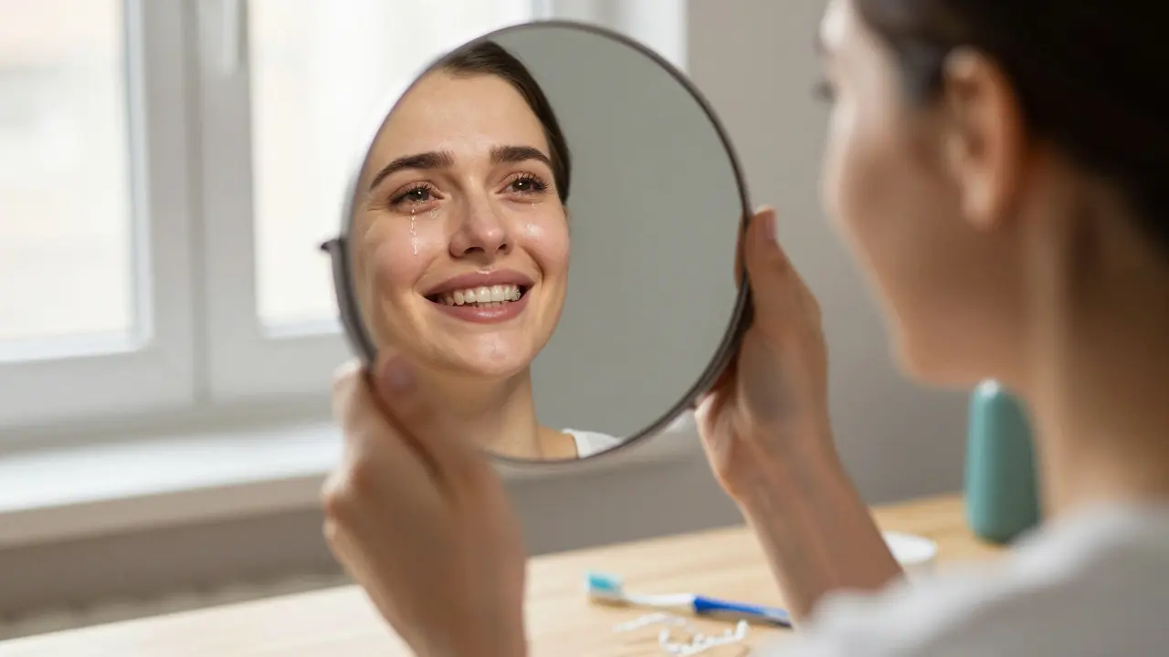 Pacientka se dívá do zrcadla s pláčem radosti po úspěšné maxilofaciální operaci.