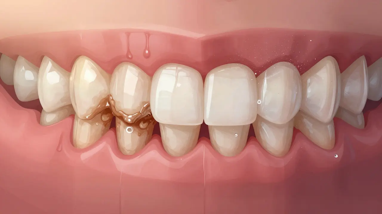 Porovnání zubů před a po pískování: znečištěné versus čisté a lesklé.