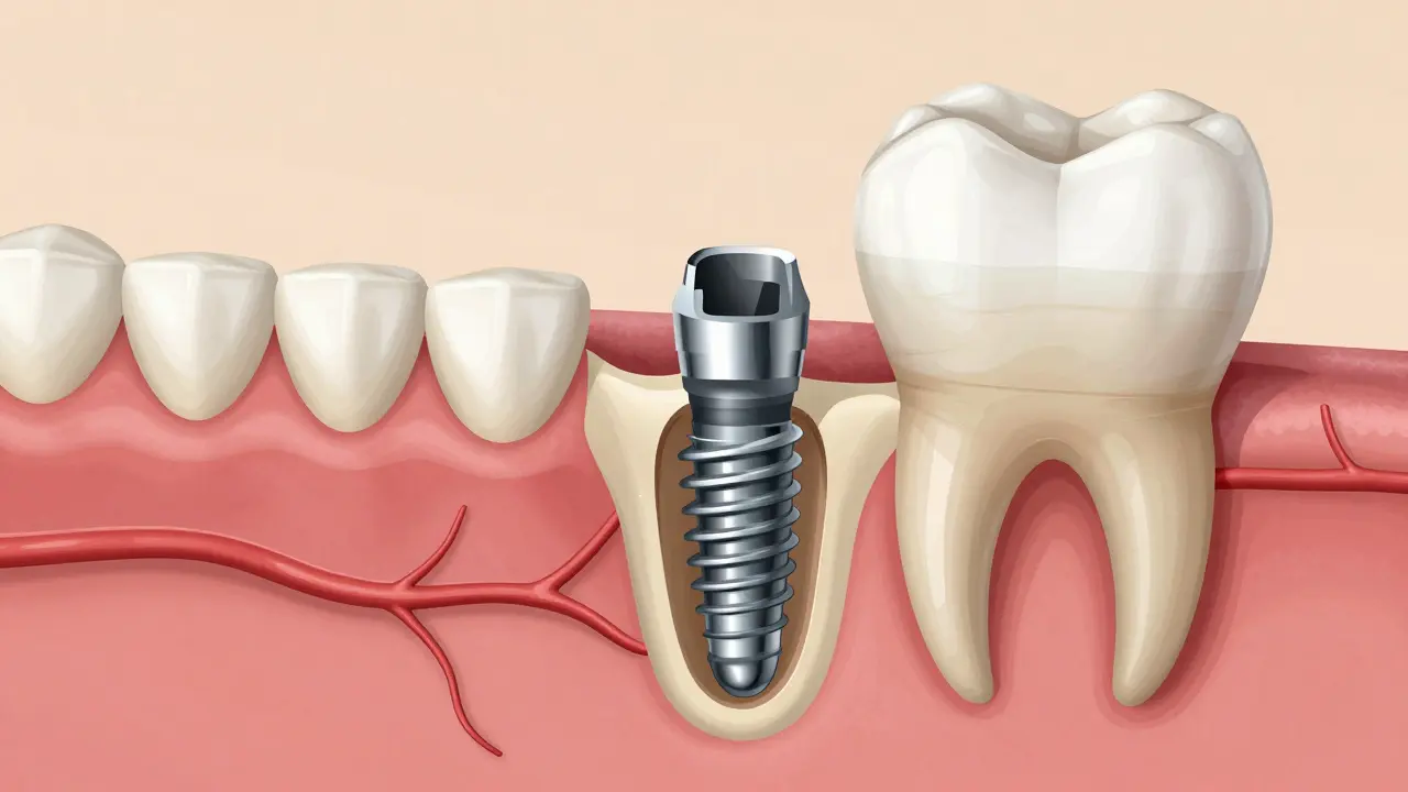 Přehledný vnitřní pohled na implantát přirozeně integrovaný do čelistní kosti.