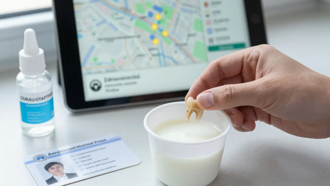 Ruka ukládá vypadlý zub do mléka, vedle jsou láhev solného roztoku a občanský průkaz.