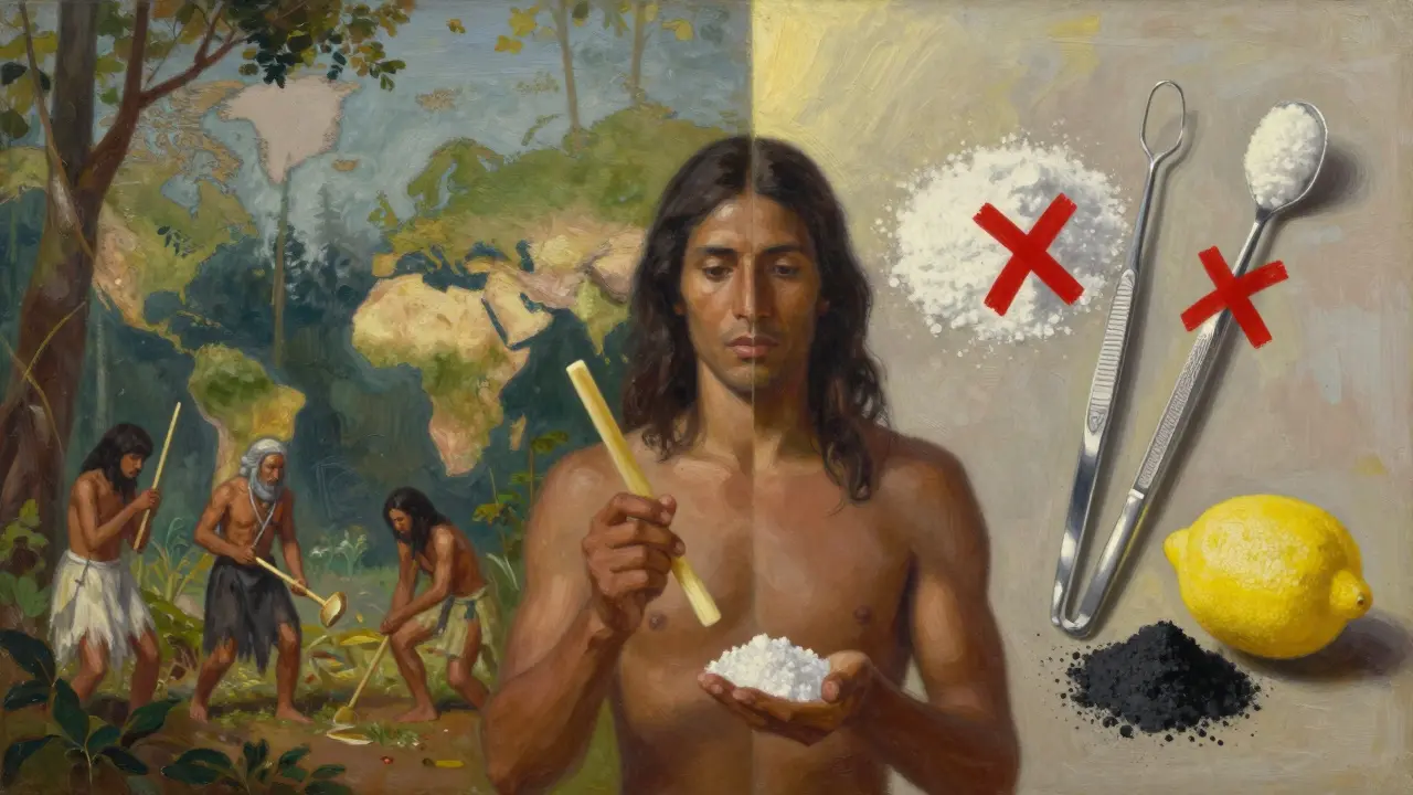 Srovnání přírodní a moderní hygieny zubů: větvička a sůl proti chemickým prostředkům.