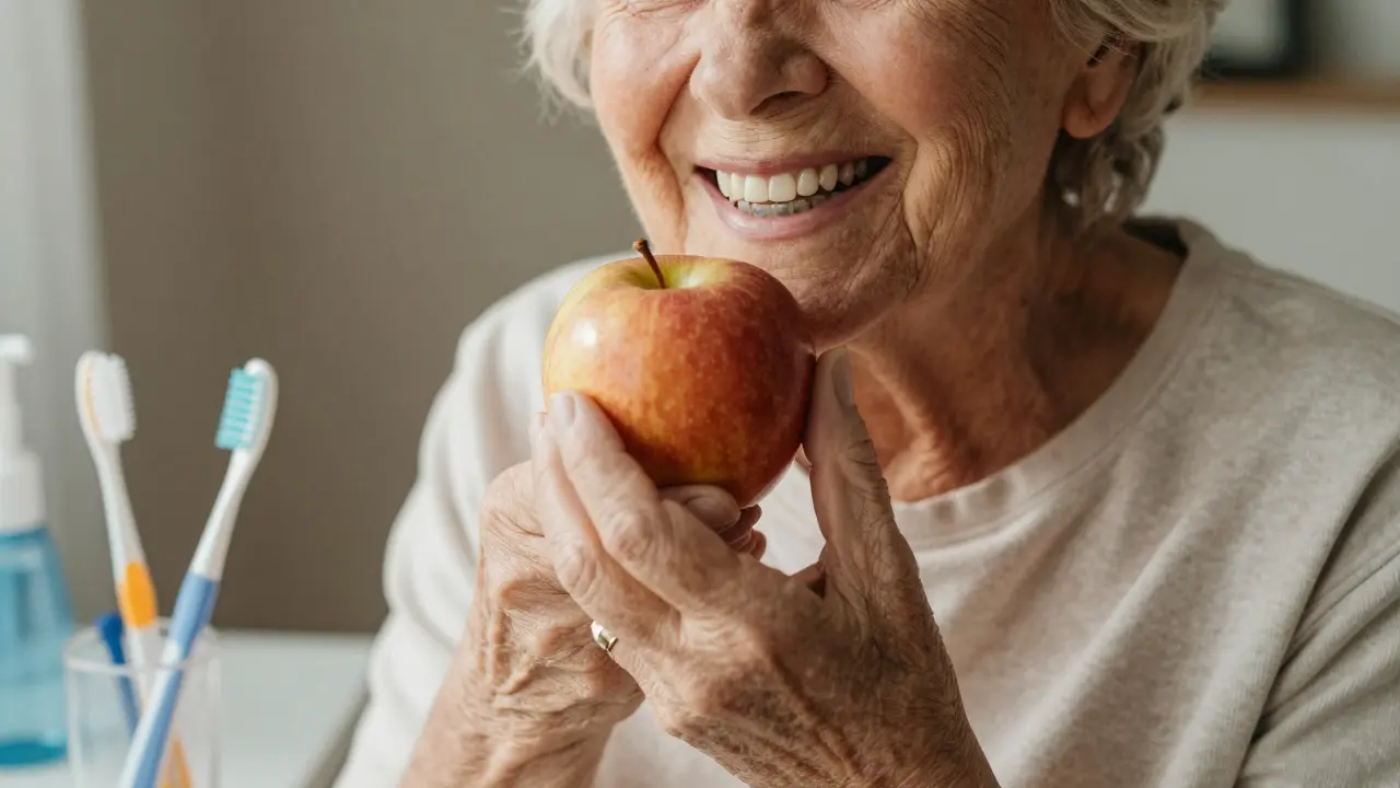 Starší pacient se šťastně usmívá, když jí jablko s novými zuby, na stole jsou hygienické nástroje pro péči o zubní náhrady.