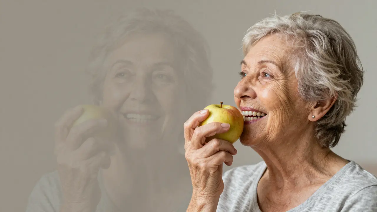 Starší žena ve věku 90 let jí s implantátem jablko, s výrazně zdravou tváří.