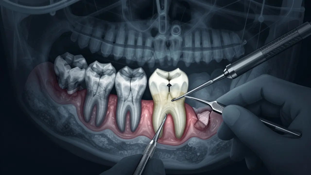 Surgical view of impacted wisdom tooth being carefully sectioned from jawbone with surgical tools.
