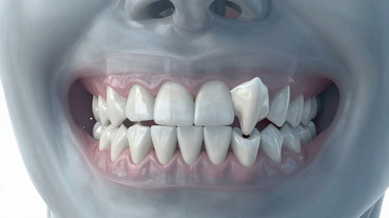 Vědecká ilustrace nevyrovnaných zubů s důrazem na hromadění zbytků potravy a zatížení čelistních kloubů.