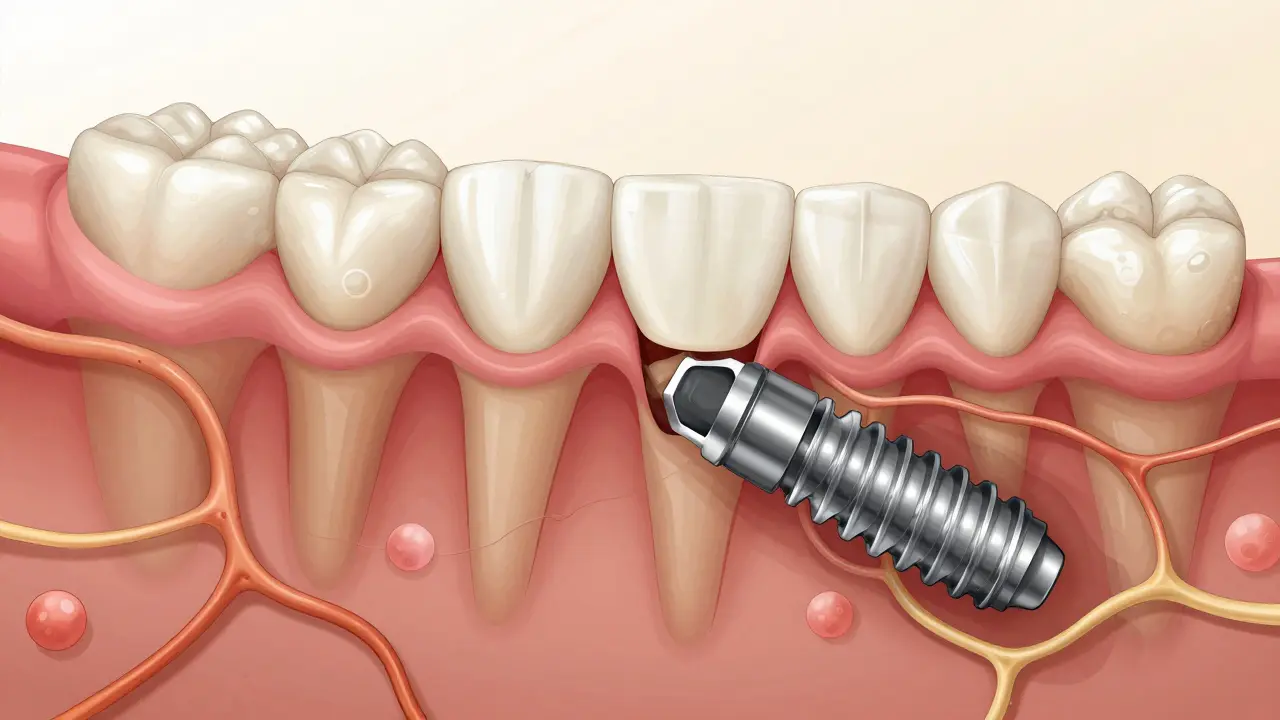 Vnitřní proces hojení kosti kolem zubní implantace, viditelné růstové buňky a krevní cévy, teplé zlaté odstíny symbolizující regeneraci.