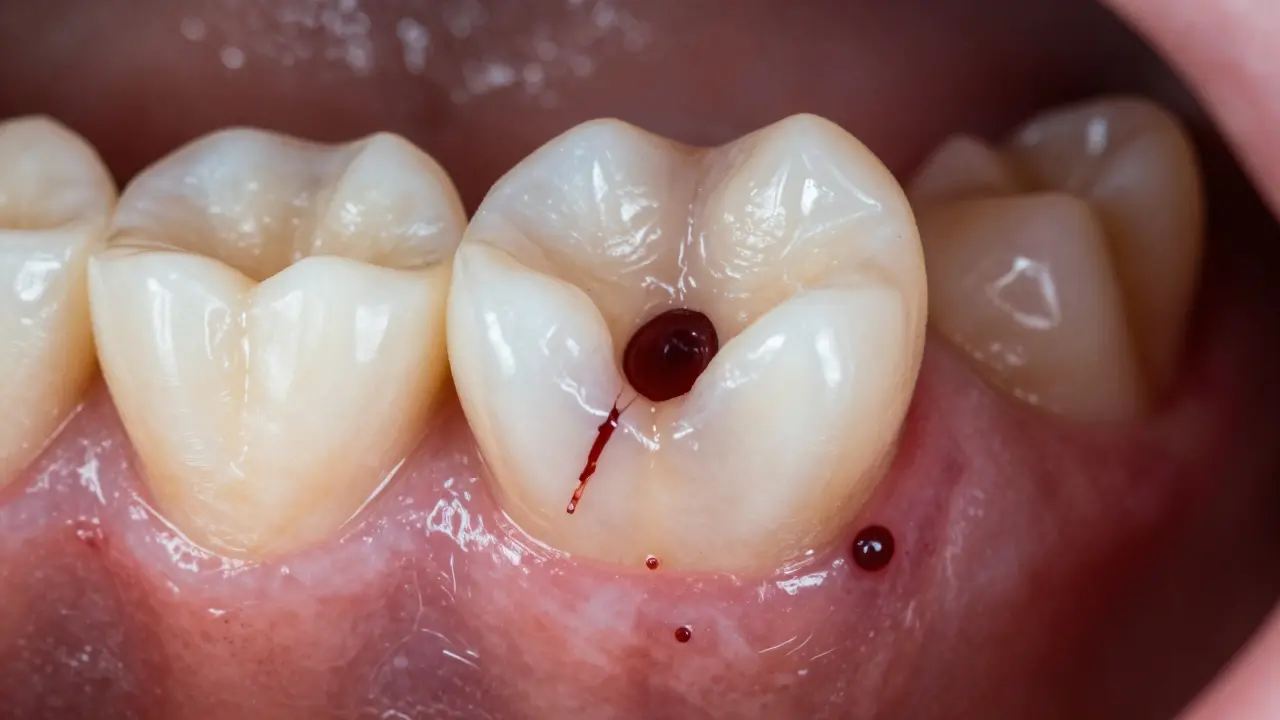 Zub s poškozenou plombou a hnisavým abscesem na dásni, viditelný zánět v okolí.