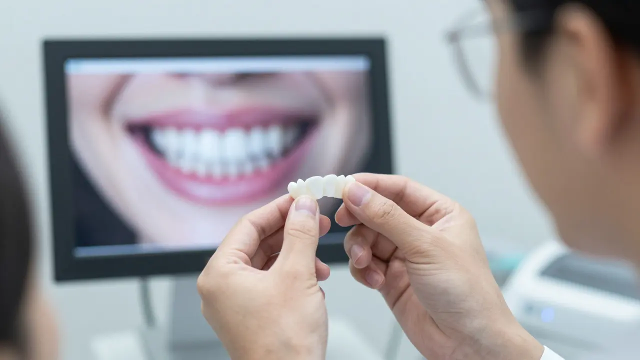 Zubní lékař připravuje keramickou fazetu pro pacienta