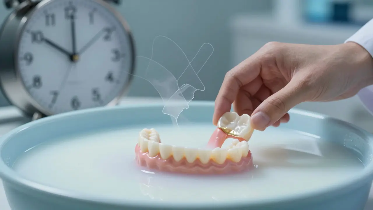 Zubní náhrada plave v mléce, zatímco zubní lékař připravuje její znovupoužití.