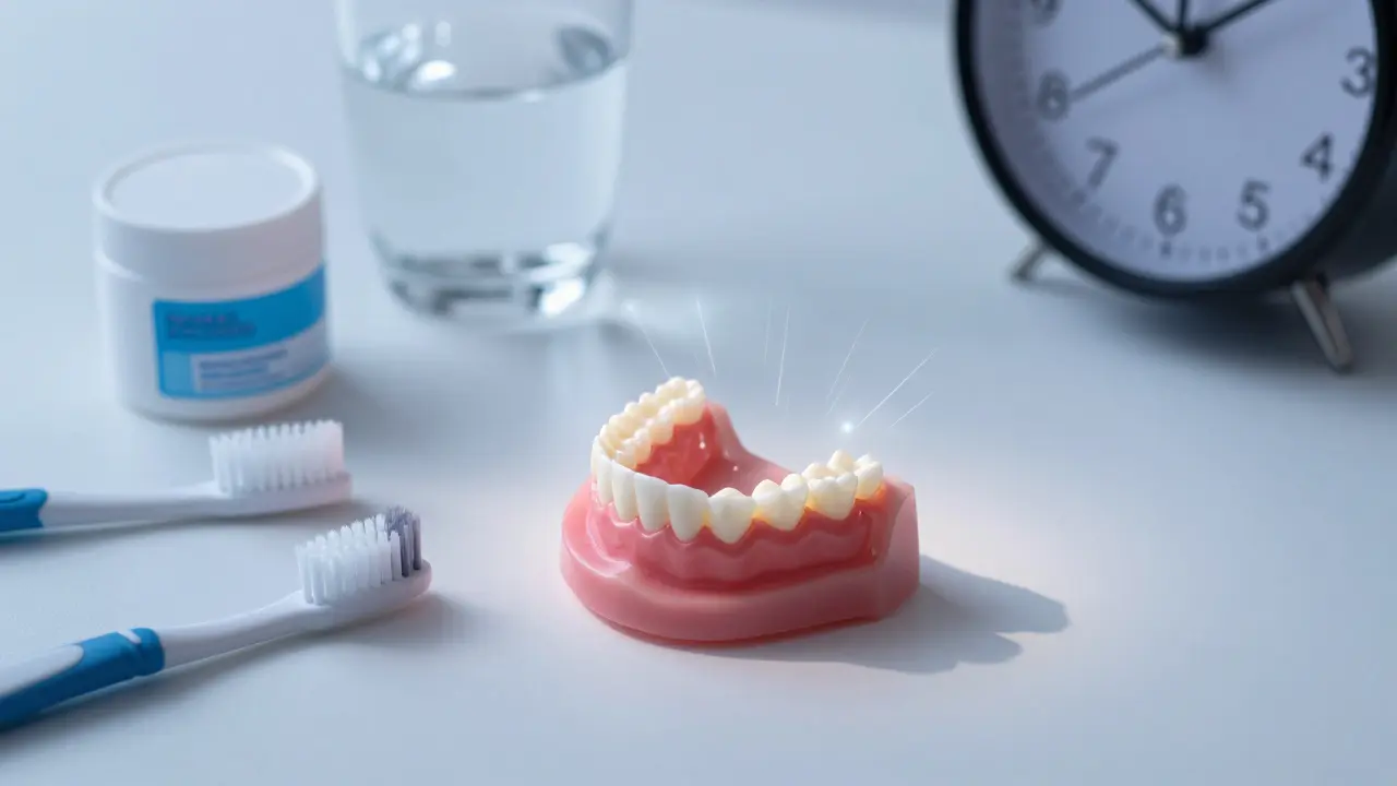 Zubní náhrada s příslušenstvím pro péči a časovým rámce přizpůsobení.
