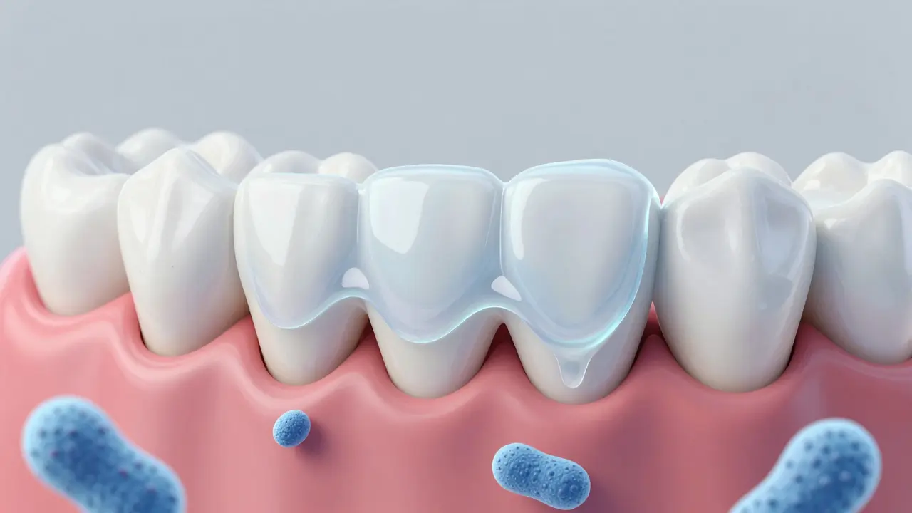 Zubní sklovinu pokrývá vrstva Elmex Gelee, která blokuje bakterie u dásně.