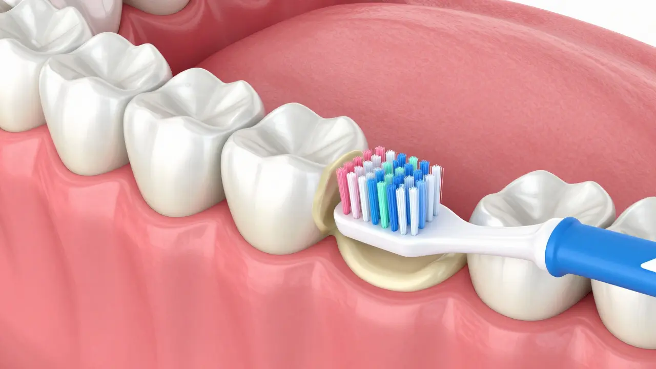 3D ilustrace mezizubního kartáčku odstraňujícího plak z mezery mezi zuby.