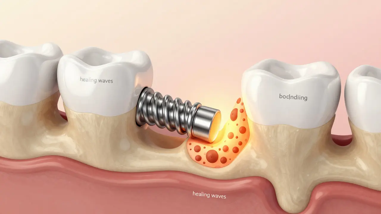 3D ilustrace procesu srůstání implantátu s kostí čelisti.