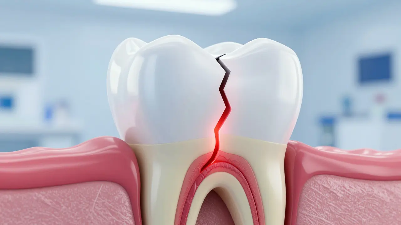 3D ilustrace průřezu zubu s hlubokou prasklinou dosahující až do nervu.