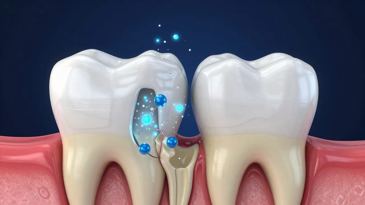 3D ilustrace průřezu zubu ukazující působení peroxidu v dentinu.