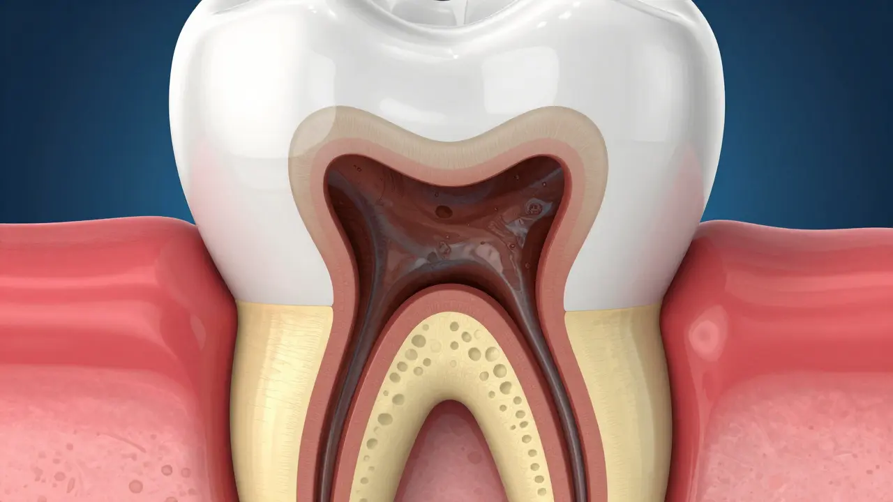 3D ilustrace vnitřní struktury zubu s odumřelou a tmavou zubní pulpou.