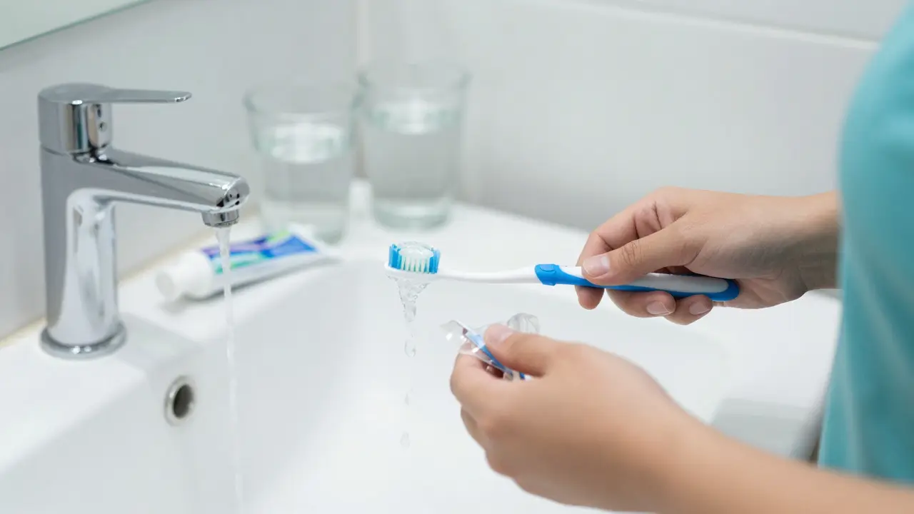 Čištění snímacích rovnátek měkkým kartáčkem pod proudem vody v koupelně.