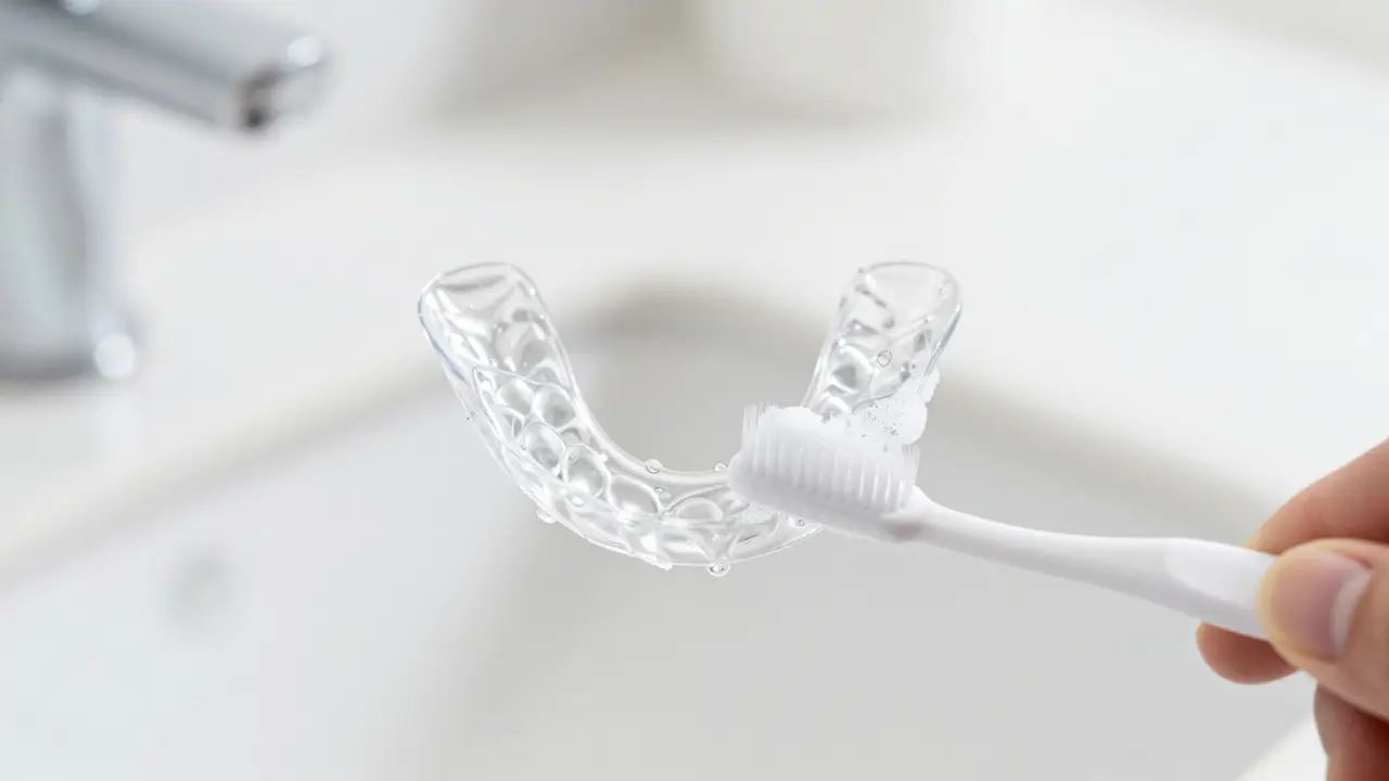 Čištění transparentního chrániče na zuby jemným zubním kartáčkem.