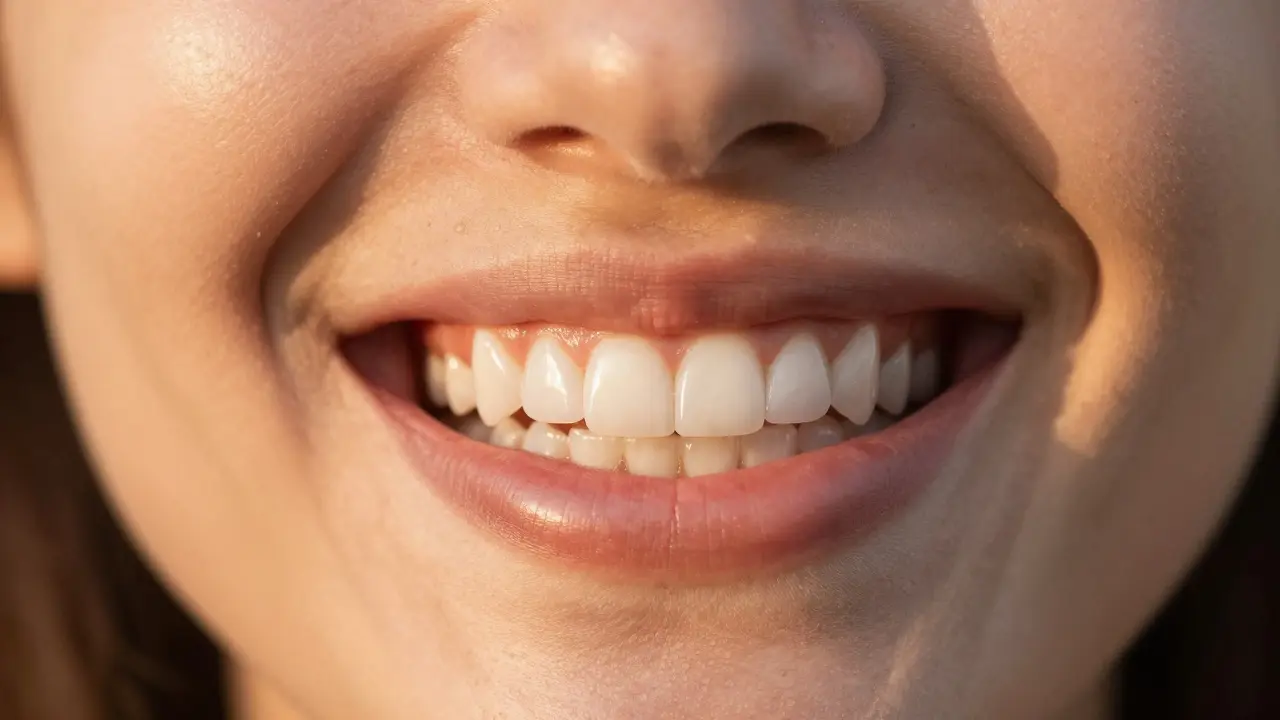 Detail sebevěrného a přirozeného úsměvu s perfektně aplikovanými keramickými fazetami.