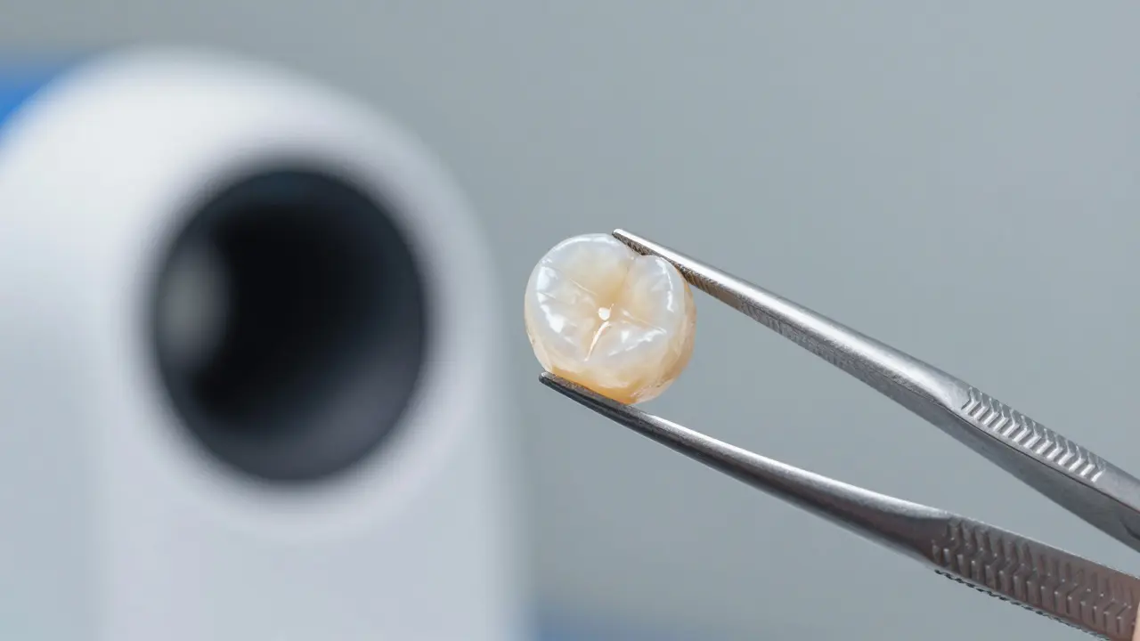 Detailní pohled na tenkou keramickou fazetu drženou zubní pinzetou v laboratoři.