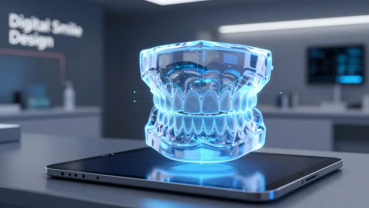 Digitální 3D model úsměvu pro plánování umístění keramických fazet.