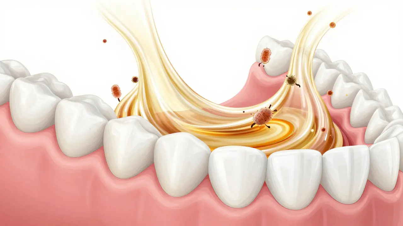 Konceptuální ilustrace procesu oil pulling s kokosovým olejem v ústech.
